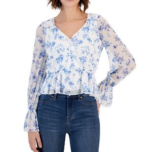 Juniors’ Crave Fame Blue Floral Surpliced Ruffled-Hem Top • Worn Once 💙 Size L